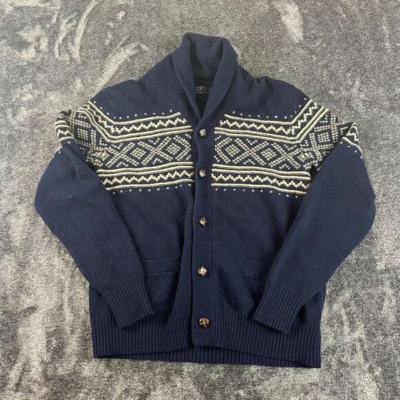 J. Crew 100% Lambswool Collared Cardigan Navy Blue Fair Isle Men's M Fisherman - Picture 1 of 10